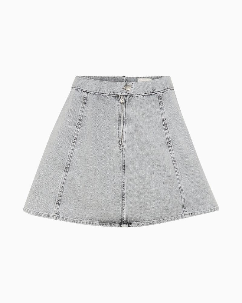 A-line blue denim mini skirt by My Essential Wardrobe with panel seams