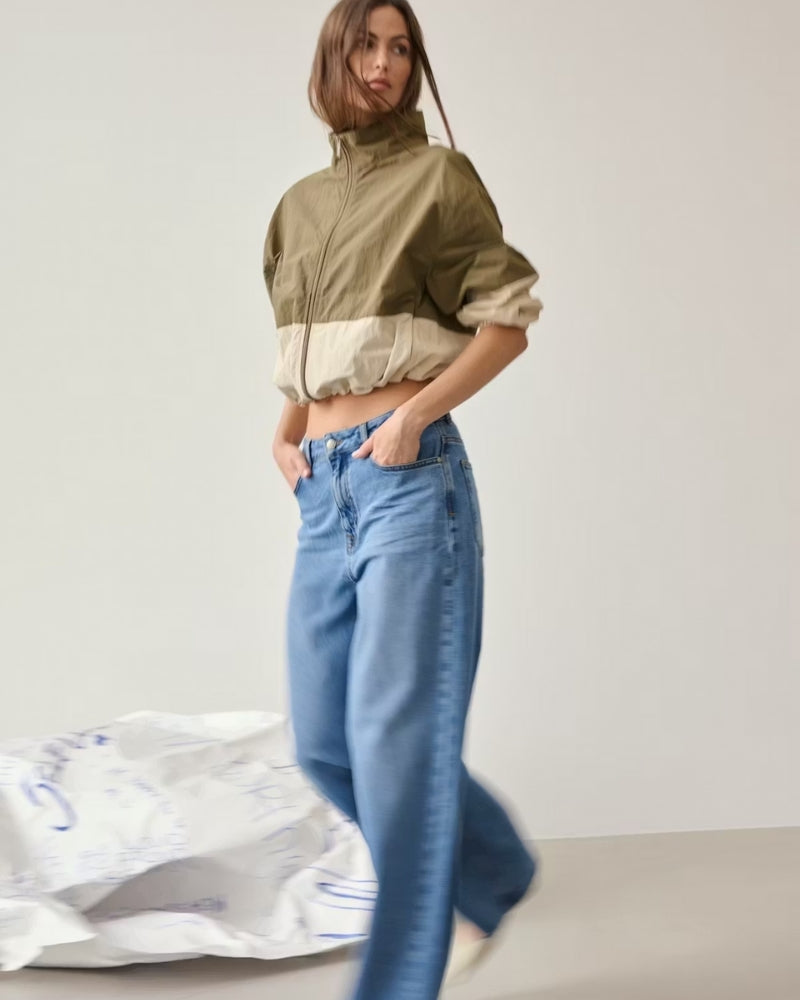 Woman wearing My Essential Wardrobe Quinn two-tone track jacket – Áines Boutique