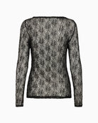 Back view of sheer black lace top with smooth, unlined finish