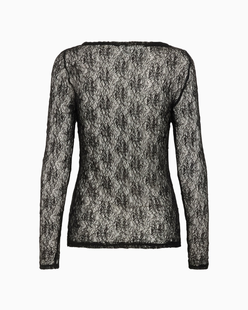 Back view of sheer black lace top with smooth, unlined finish