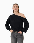 Front view of off-shoulder knit pullover by My Essential Wardrobe with relaxed fit