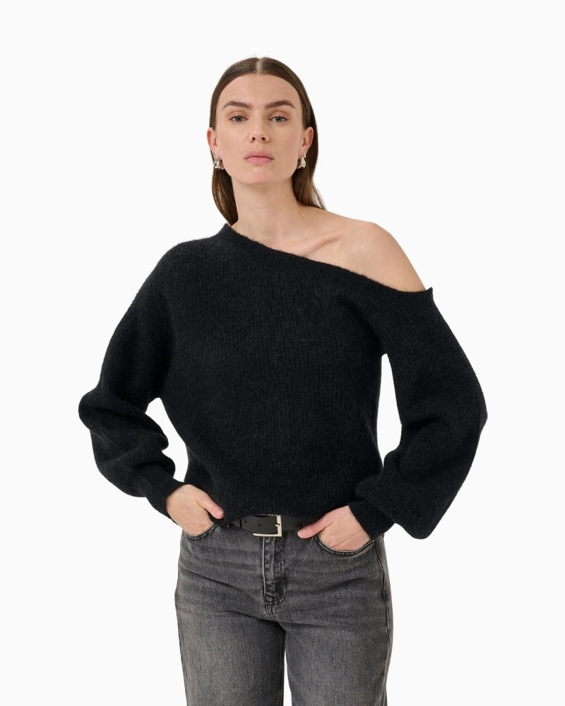 Front view of off-shoulder knit pullover by My Essential Wardrobe with relaxed fit