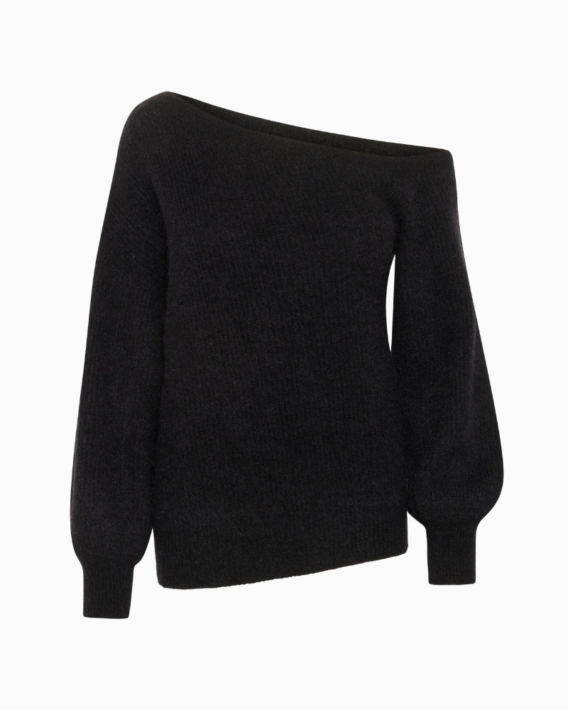 Front view of off-shoulder knit pullover by My Essential Wardrobe with relaxed fit