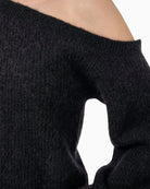 Close-up of asymmetric neckline and soft mohair blend fabric
