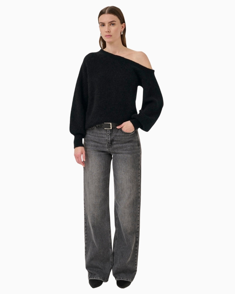 My Essential Wardrobe off-shoulder jumper styled casually with jeans