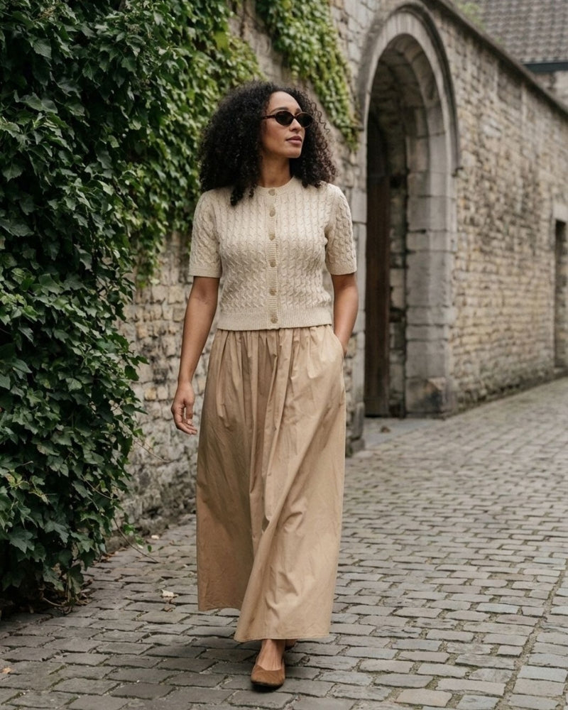 My Essential Wardrobe Divamw knit cardigan beige front view on model 1