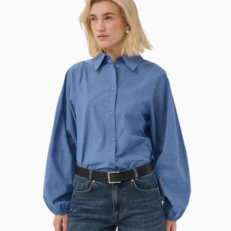My Essential Wardrobe Ilse Balloon Sleeve Shirt in Blue front view