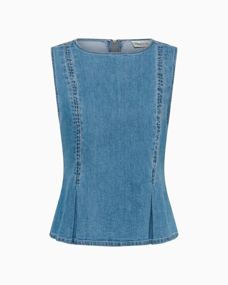 My Essential Wardrobe Lara denim top front view pleated hem