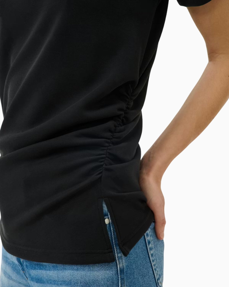 My Essential Wardrobe MWHelle Blouse black side view showing gathered detail