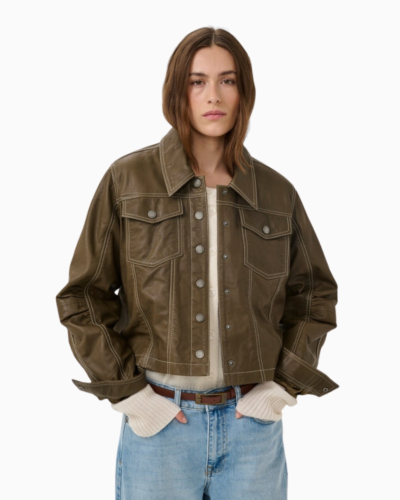 My Essential Wardrobe Mateo Leather Jacket olive button front detail