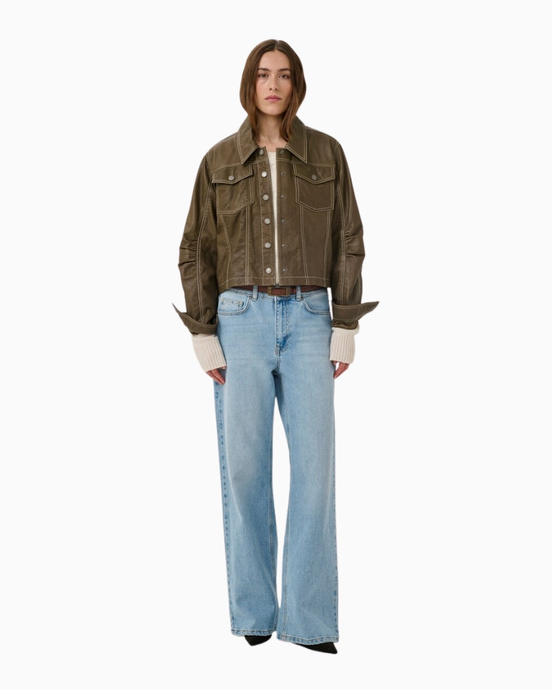 My Essential Wardrobe Mateo Leather Jacket olive front view