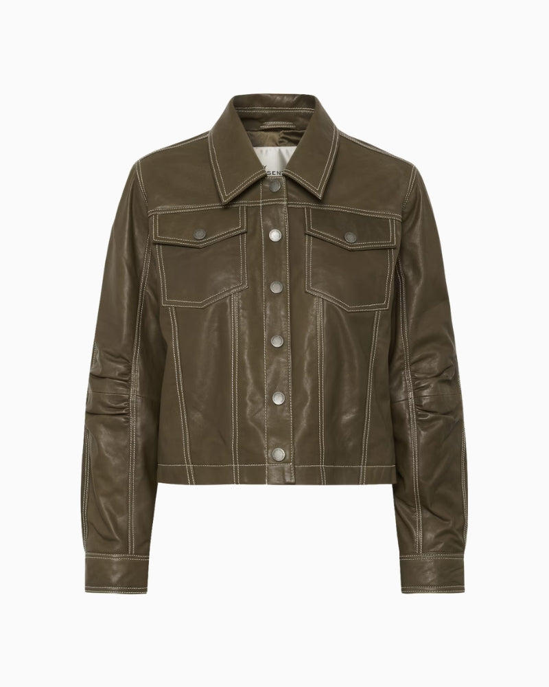 My Essential Wardrobe Mateo Leather Jacket olive leather texture close-up