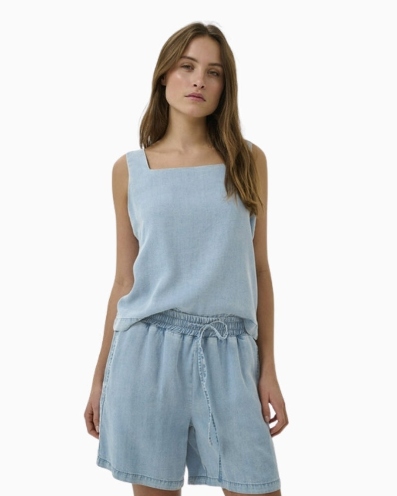 My Essential Wardrobe Nelly denim top outfit view with matching trousers