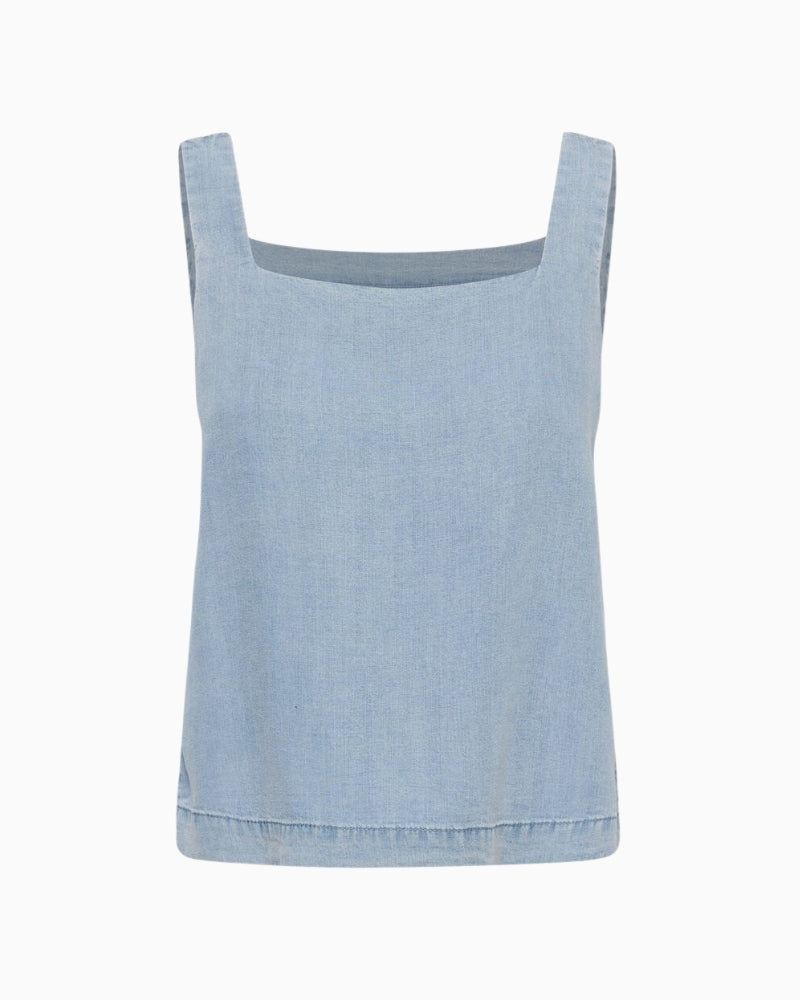My Essential Wardrobe Nelly light denim top front view square neckline
