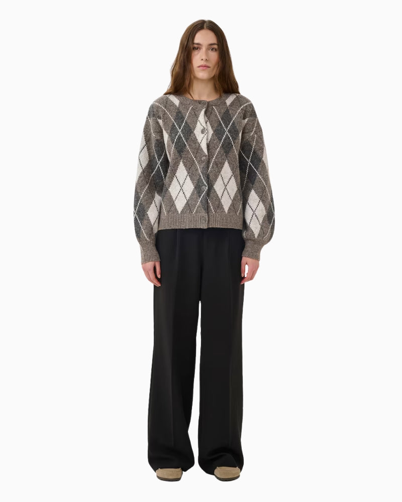 My Essential Wardrobe Paloma Check Knit Cardigan brown full front view