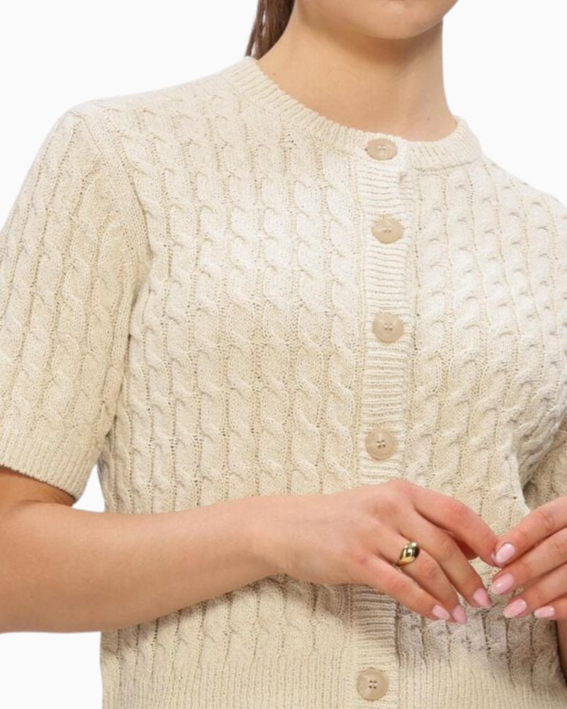 My Essential Wardrobe beige cable knit cardigan detail