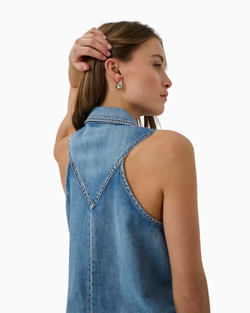 My Essential Wardrobe blue denim sleeveless vest back view with stitching detail