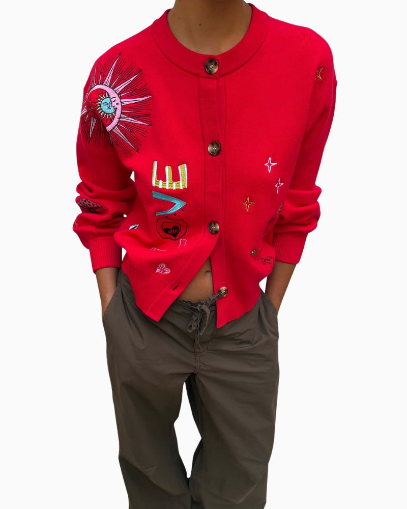 Never Fully Dressed Amore Forrest Cardigan in red embroidery detail