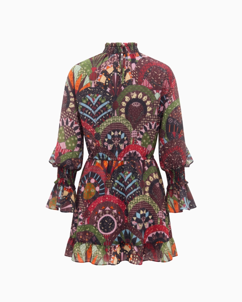 Never Fully Dressed Casablanca Mini Dress in black back view showing the geometric print and ruffled hem