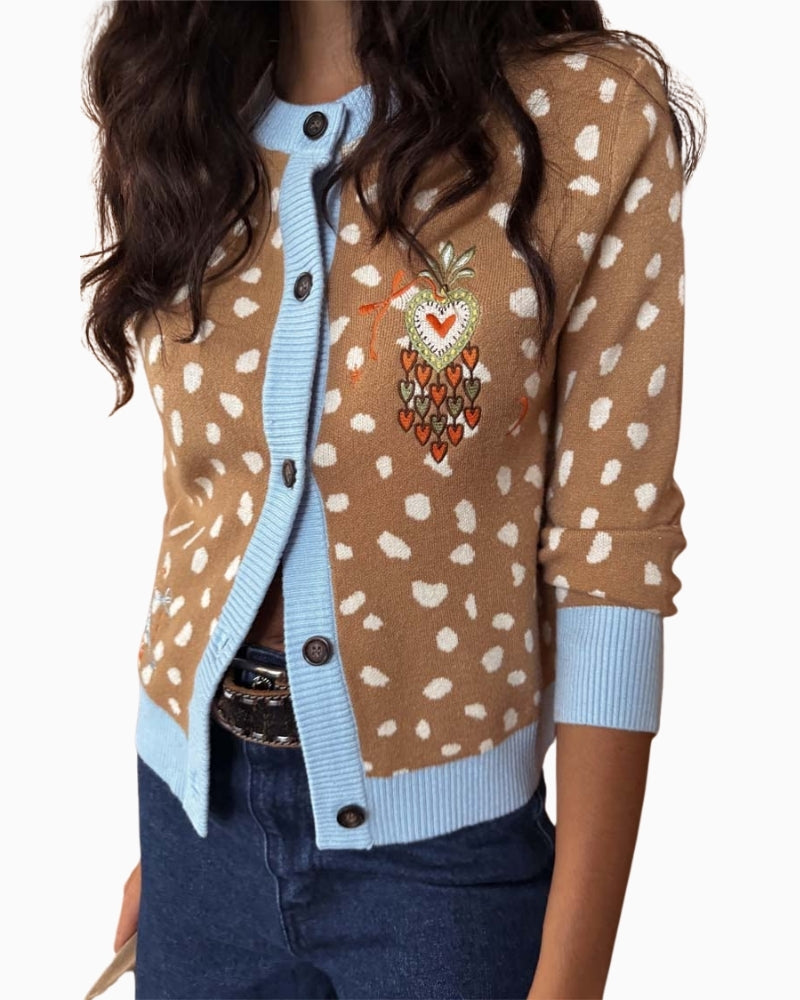 Never Fully Dressed Deer Print Hollie Cardigan beige detail embroidery