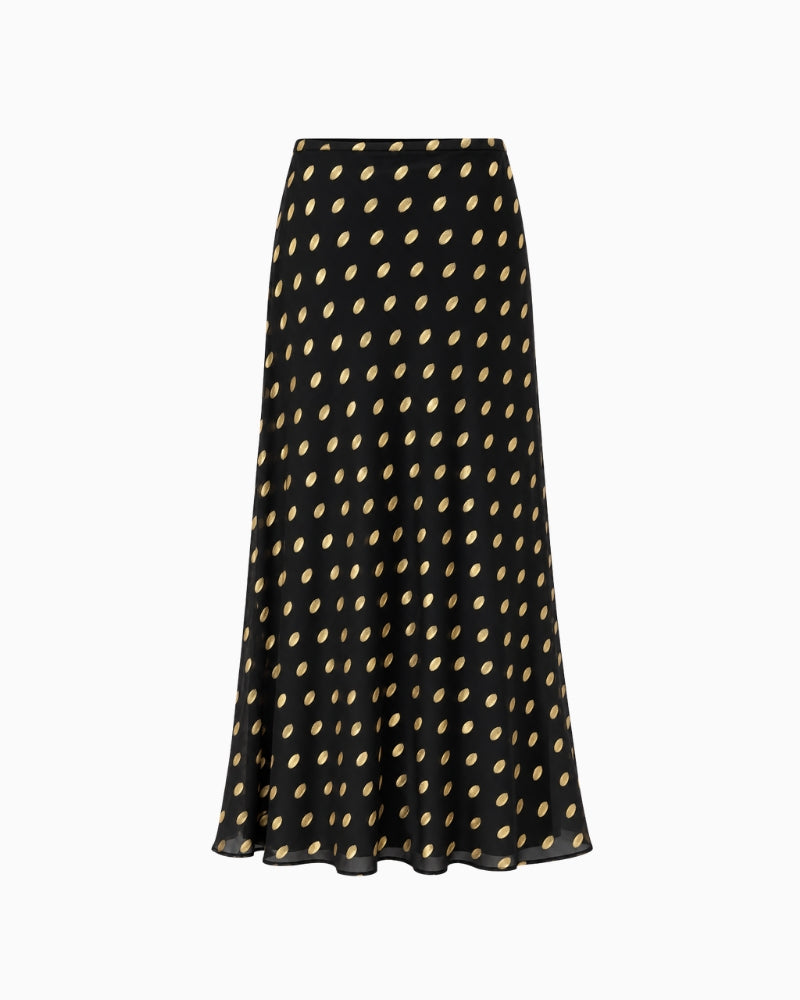 Never Fully Dressed Dorris Skirt in Black back view showing gold polka dot pattern and flared hem