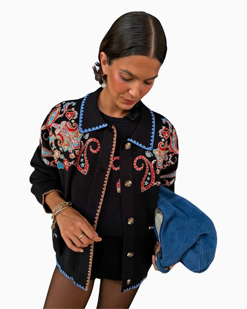 Never Fully Dressed Embroidered Paisley Cardigan in black front view