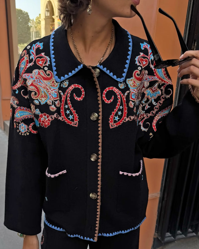 Never Fully Dressed Embroidered Paisley Cardigan in black paisley embroidery detail