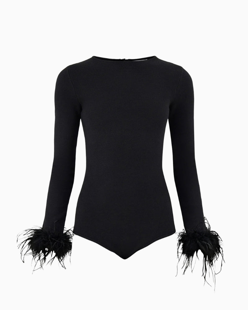 Never Fully Dressed Feather Bodysuit in Black round neckline detail