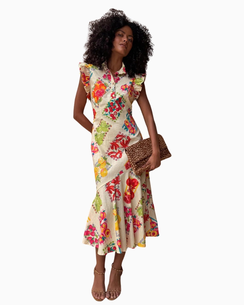 Never Fully Dressed Fruit Stamps Remi Dress in pink fruit print detail