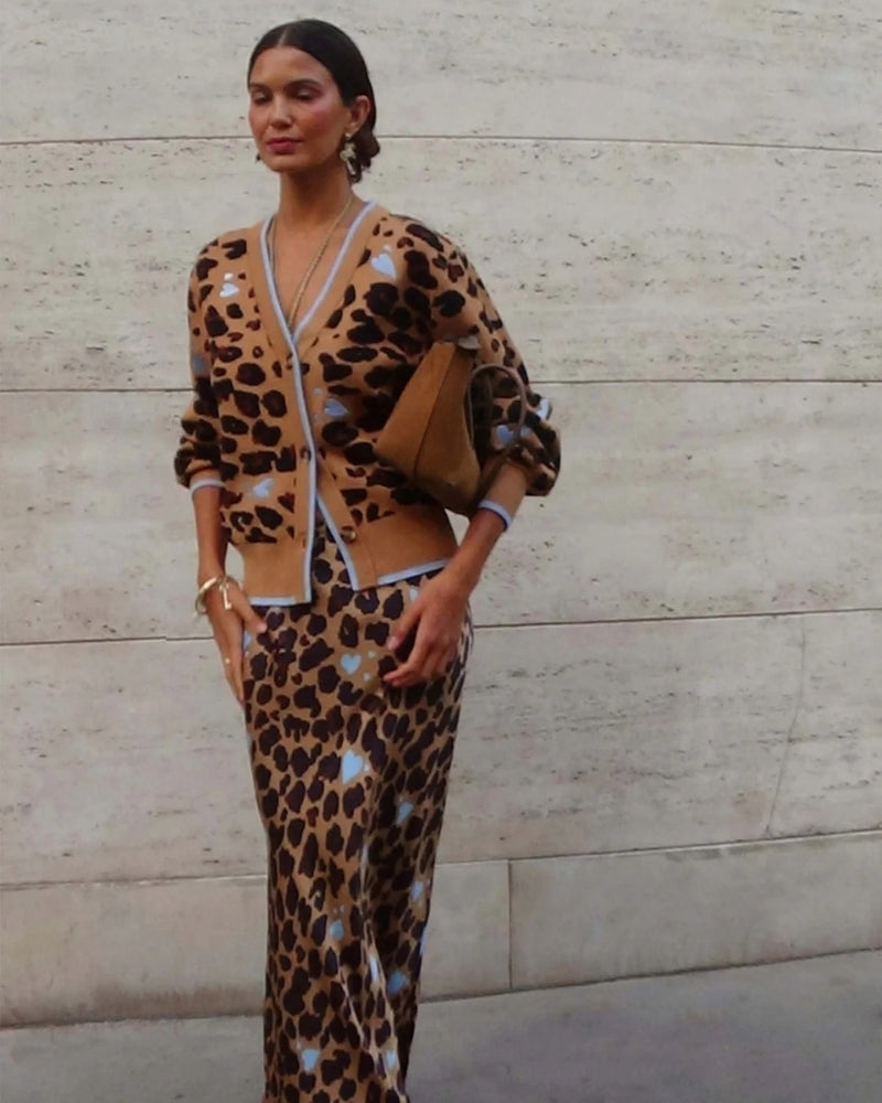 Never Fully Dressed Heart Leo Cardigan in Brown leopard print styled view