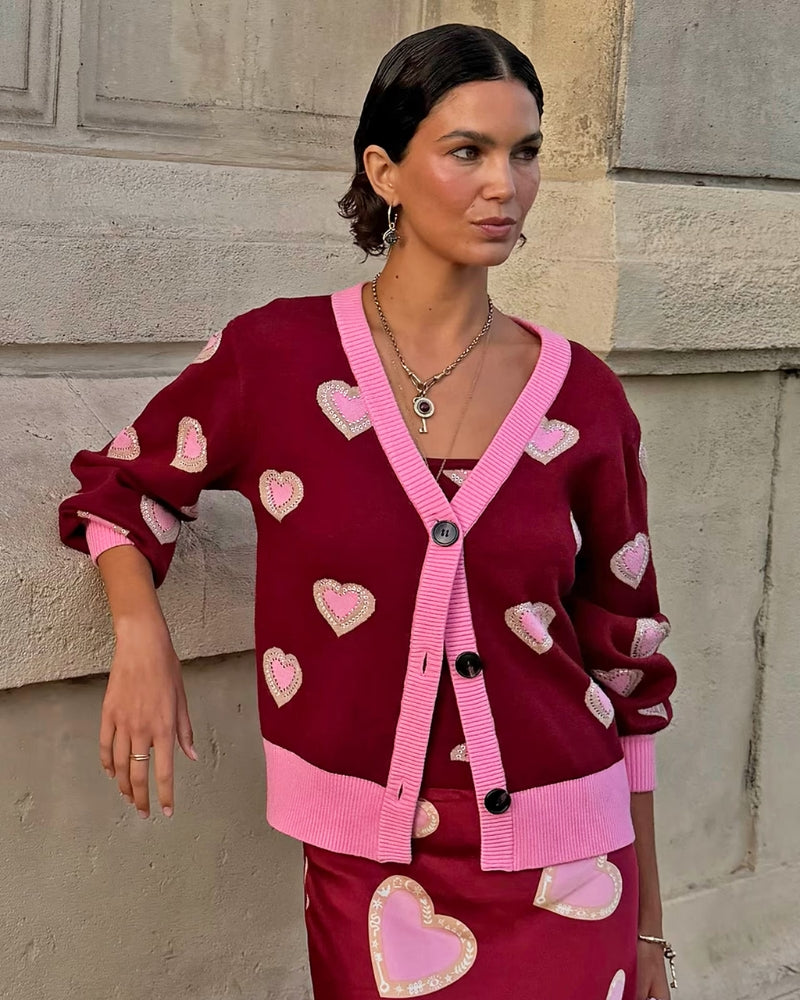 Never Fully Dressed Hearts Cardigan in Burgundy V neckline and pink button placket detail