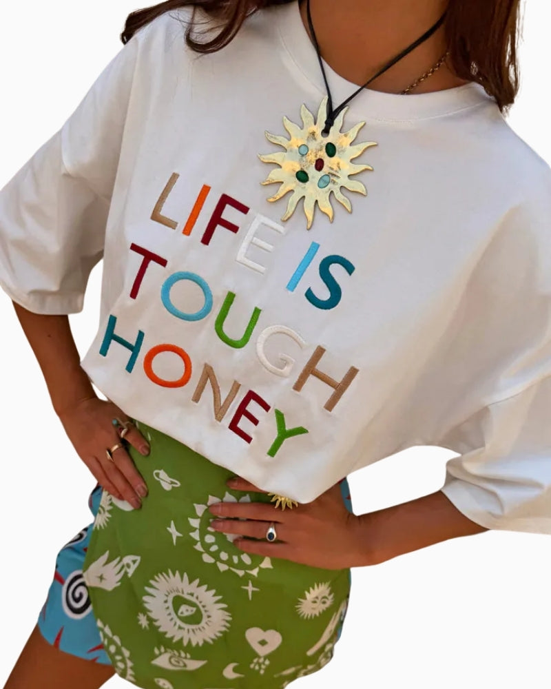 Never Fully Dressed Life Is Tough Embroidered T-Shirt close up detail embroidery