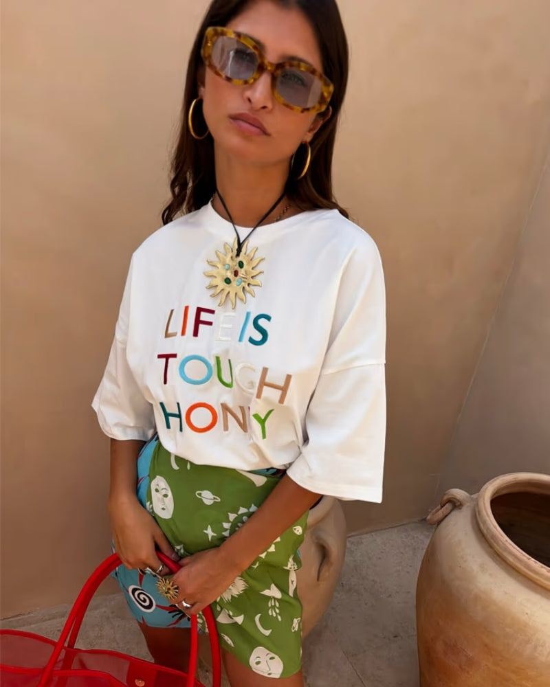 Never Fully Dressed Life Is Tough Embroidered T-Shirt white outfit view