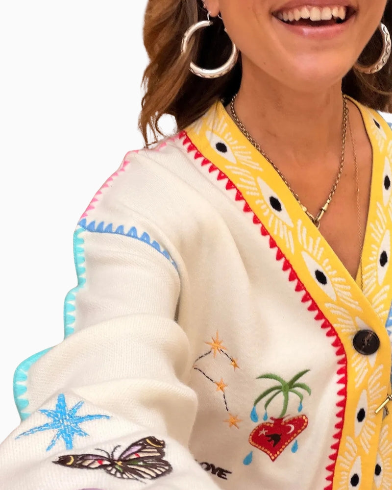 Never Fully Dressed Martha Cardigan in Cream celestial print detail