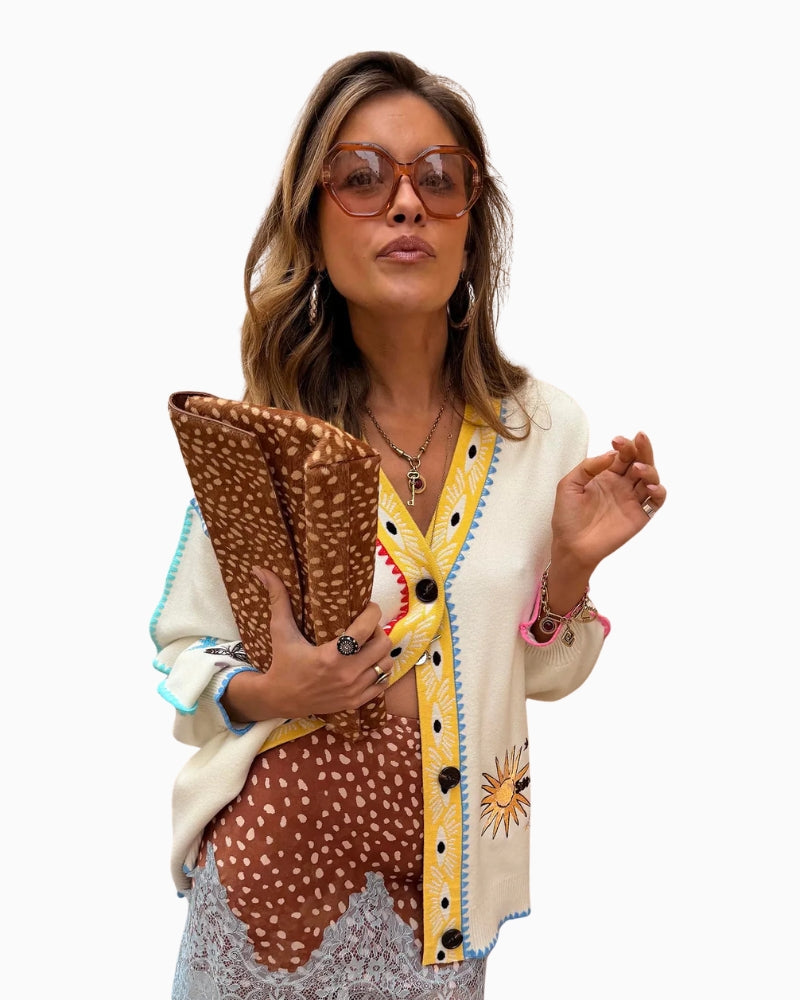 Never Fully Dressed Martha Cardigan in Cream celestial print detail