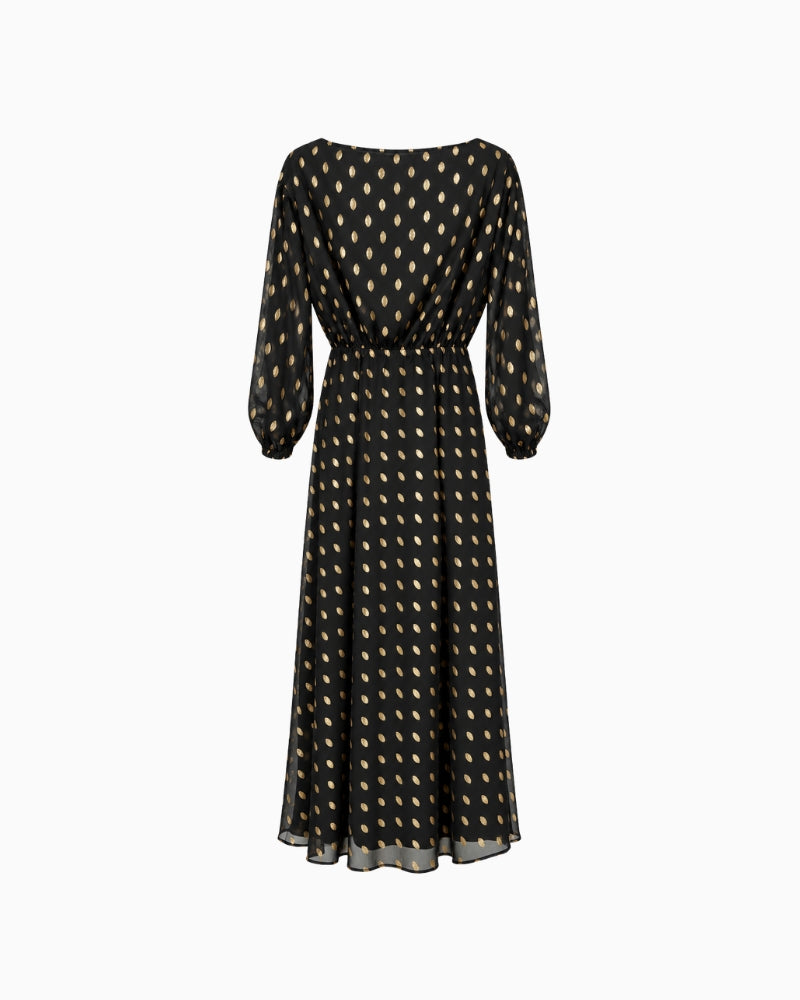 Never Fully Dressed Olive Dress in black and gold back view