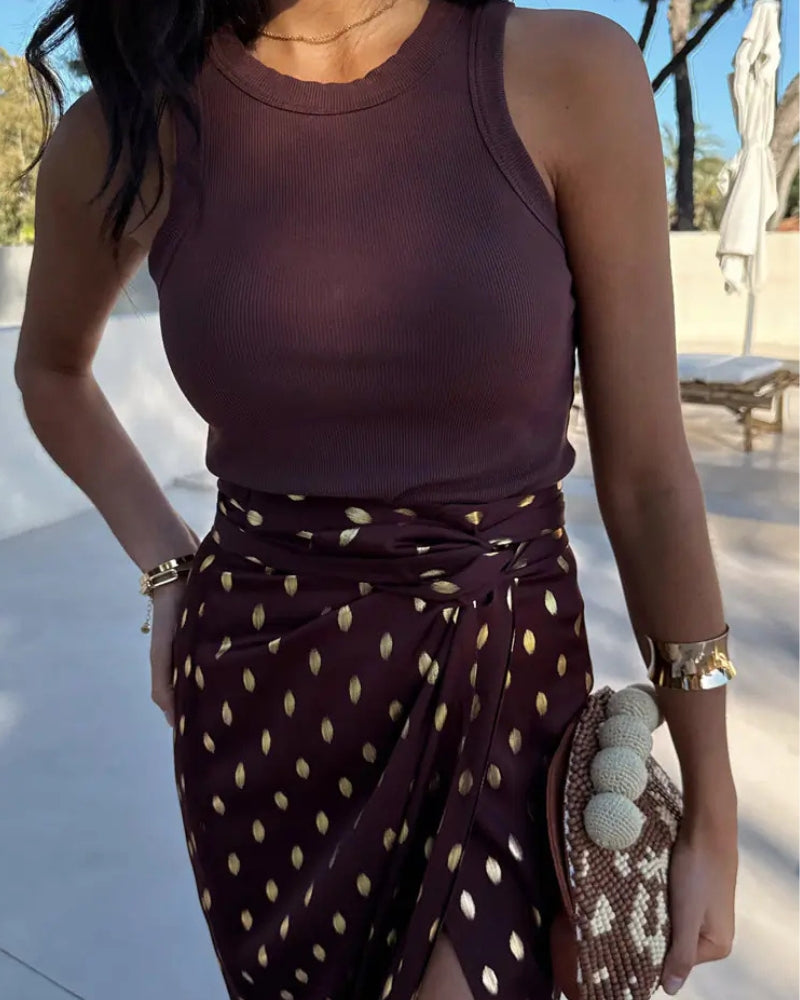 Never Fully Dressed Ribbed Tank in Brown fabric detail