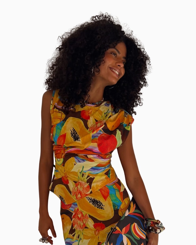 Never Fully Dressed Rio A-Symmetric Top in Multicoloured print detail