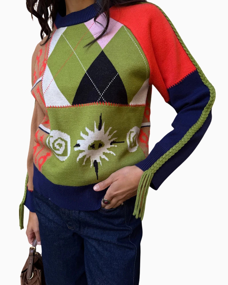 Never Fully Dressed Splice Bonita Jumper in Multi close-up of argyle and tile knit patterns