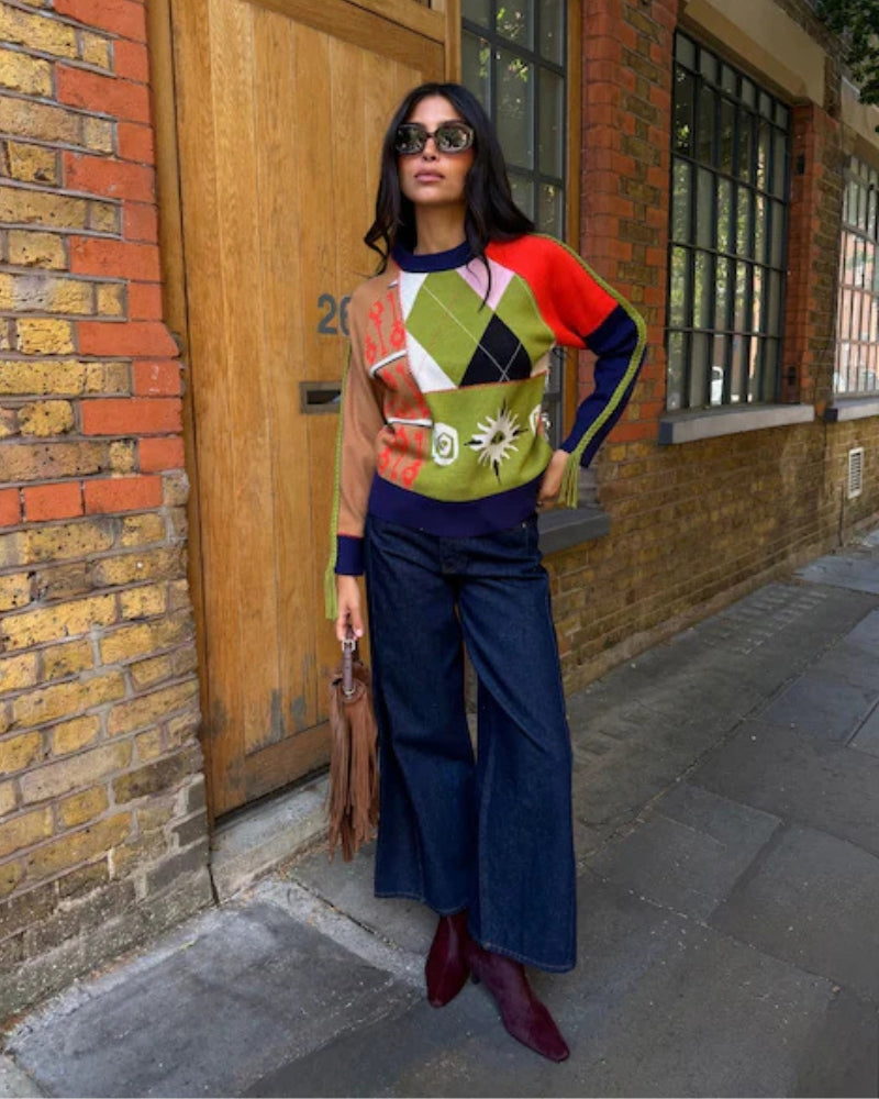 Never Fully Dressed Splice Bonita Jumper in Multi detail of ribbed collar and colourful knit