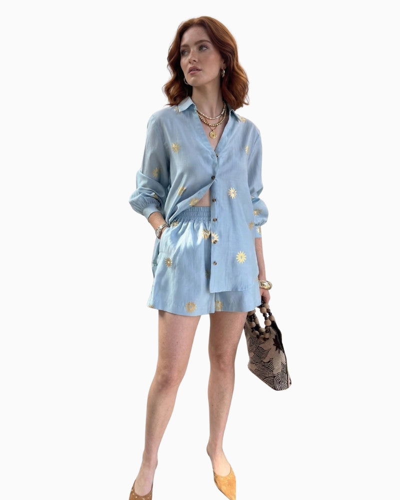 Never Fully Dressed Sun Elissa Shorts ice blue full outfit view