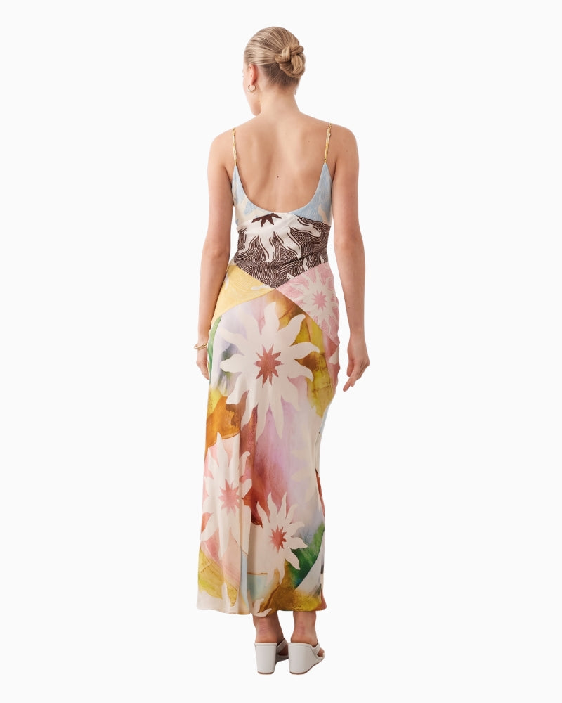 Never Fully Dressed Valeria Satin Cami Maxi Dress in pastel soleil print back view