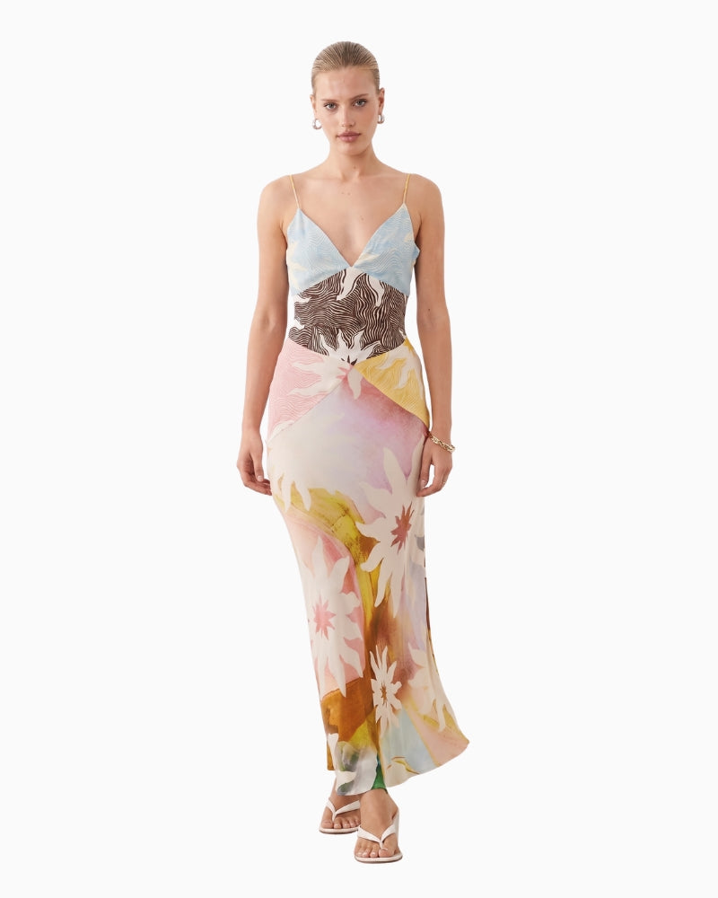 Never Fully Dressed Valeria Satin Cami Maxi Dress in pastel soleil print front view