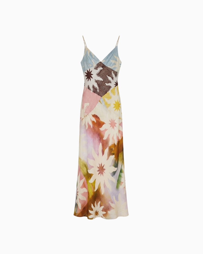 Never Fully Dressed Valeria Satin Cami Maxi Dress in pastel soleil print full front view