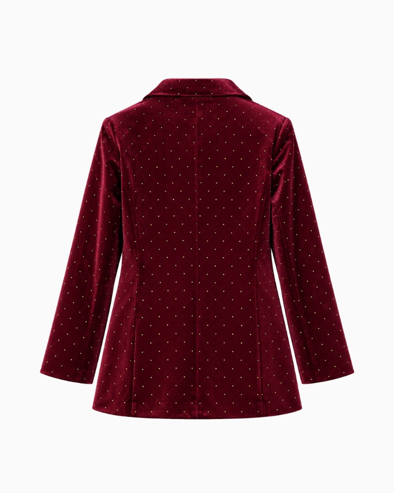 Never Fully Dressed Velvet Blazer in Burgundy back view showing velvet finish and tailored silhouette
