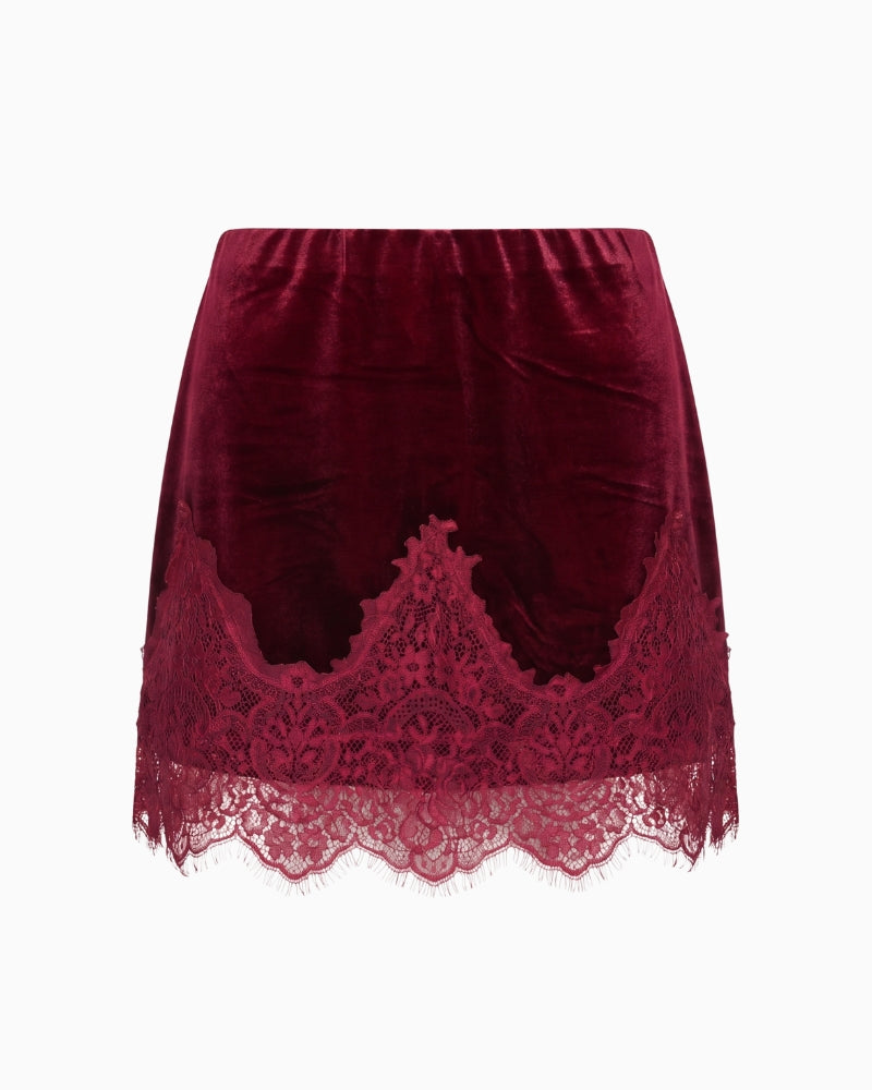 Never Fully Dressed Velvet Mini Maeva Skirt in Burgundy front view with floral lace hem