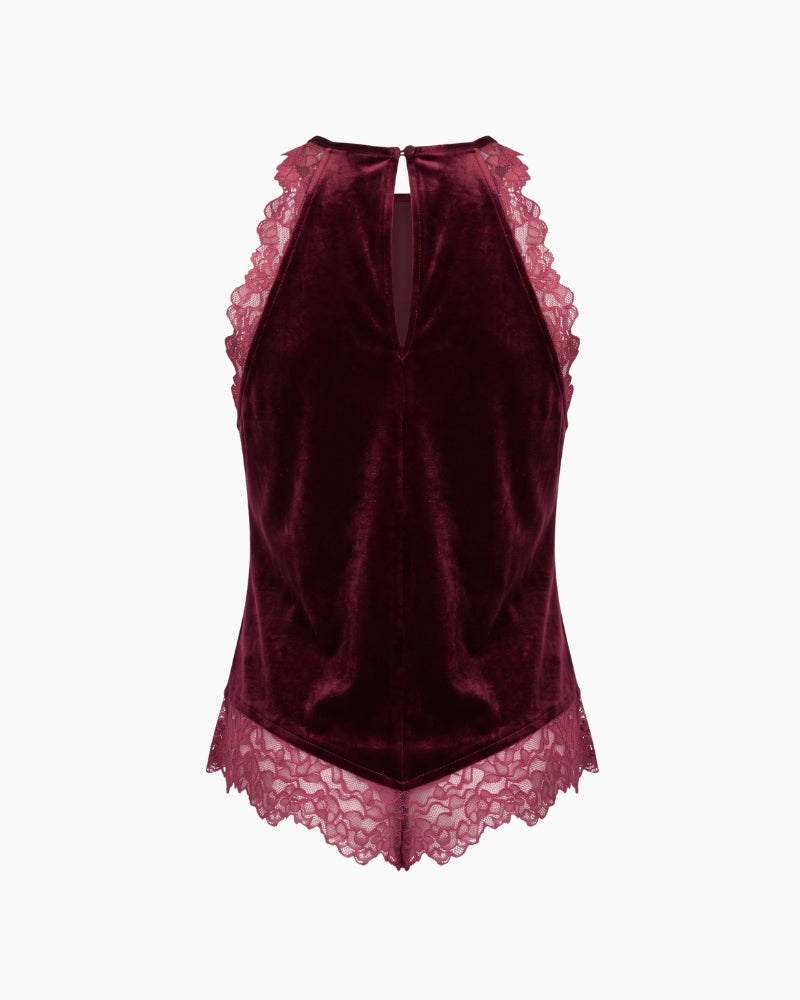 Never Fully Dressed Velvet Top in Burgundy back view showing keyhole opening, racerback cut and scalloped lace hem