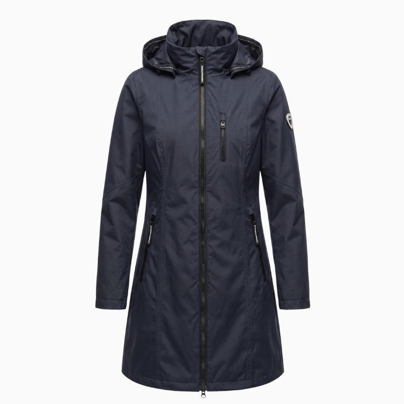 Normann Rain Coat in Blue front view with hood and black zip details