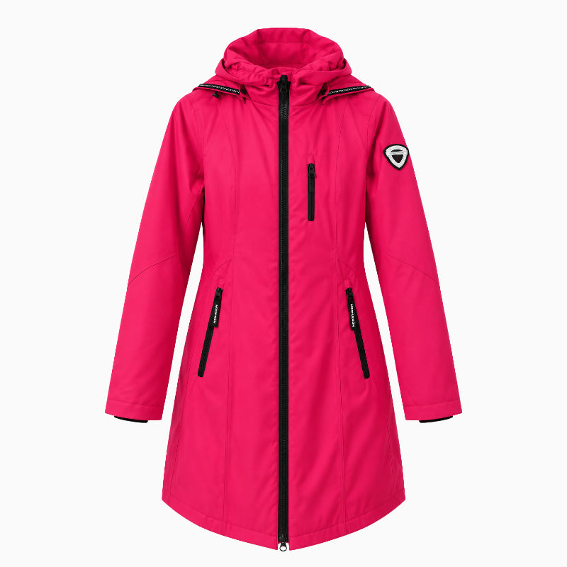 Normann Rain Coat in Raspberry front view with hood and black zip details