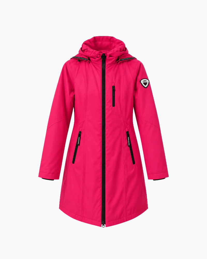 Normann Rain Coat in Raspberry front view with hood and black zip details